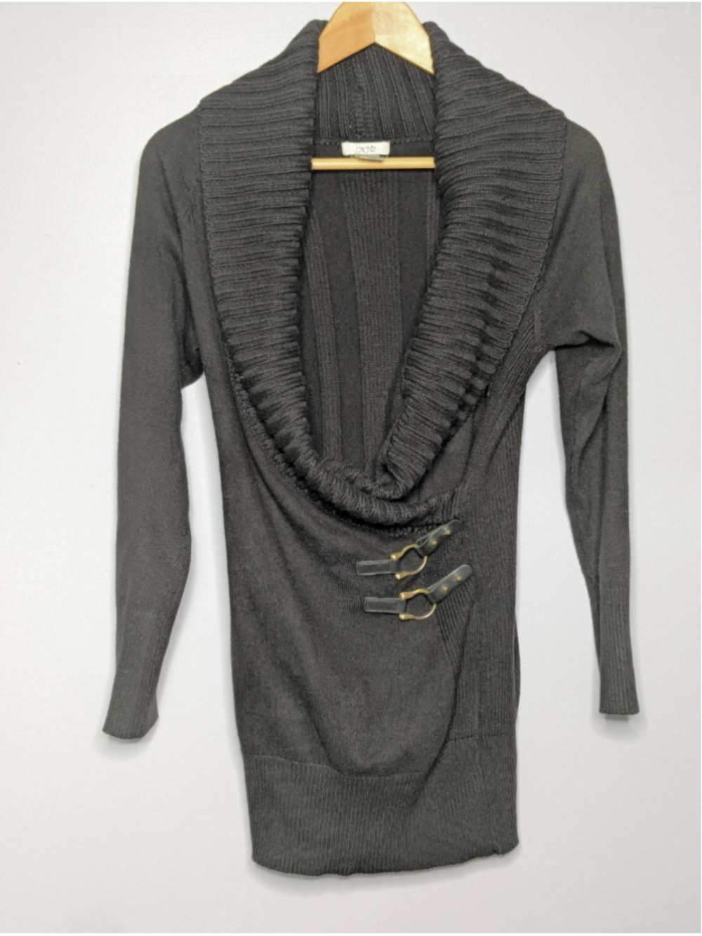 Vintage CACHÉ Black Cowl Neck Wrap Sweater Dress Size L Equestrian Buckle Y2K